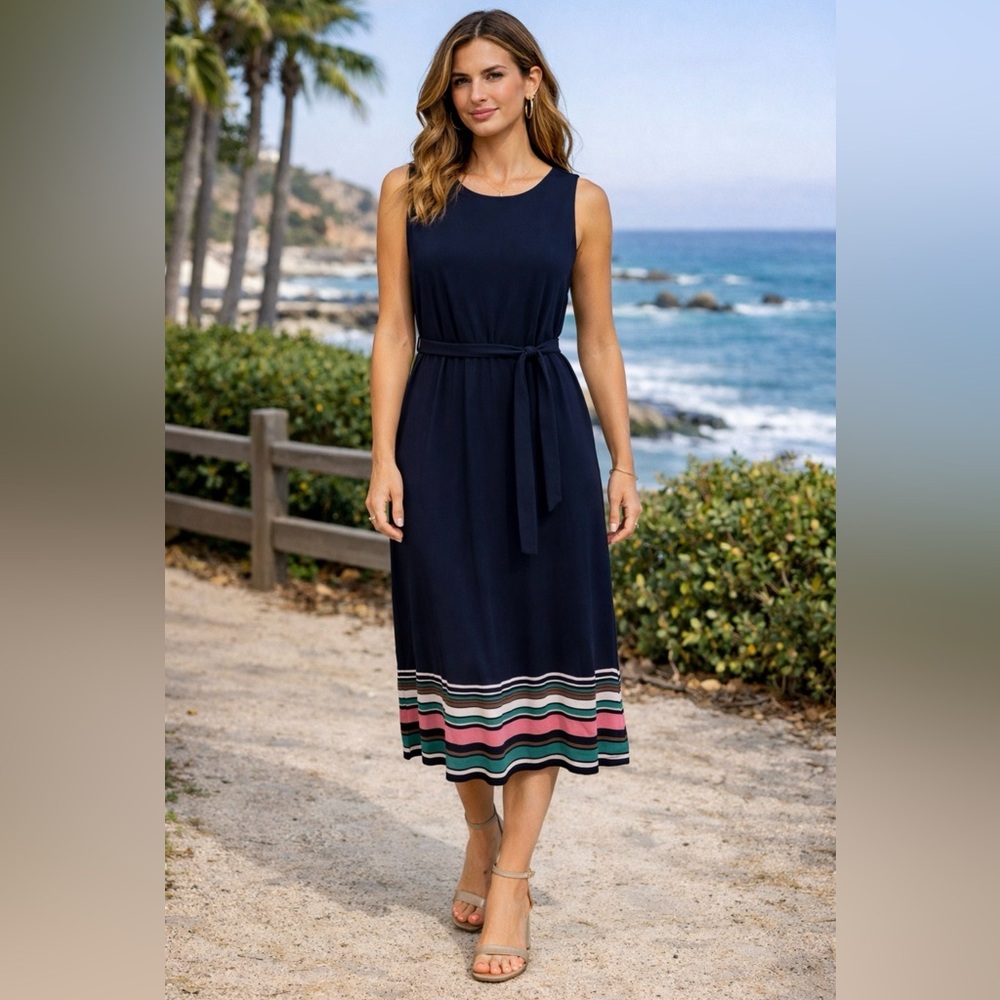 J Jill Dress Navy Blue PM Petite Medium Midi W Belt NWT $119